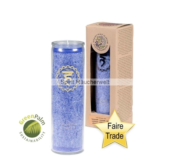5. Chakra Kerze hellblau im Glas mit naturreinen äth. Ölen - faire Trade und GeenPal zertifiziert