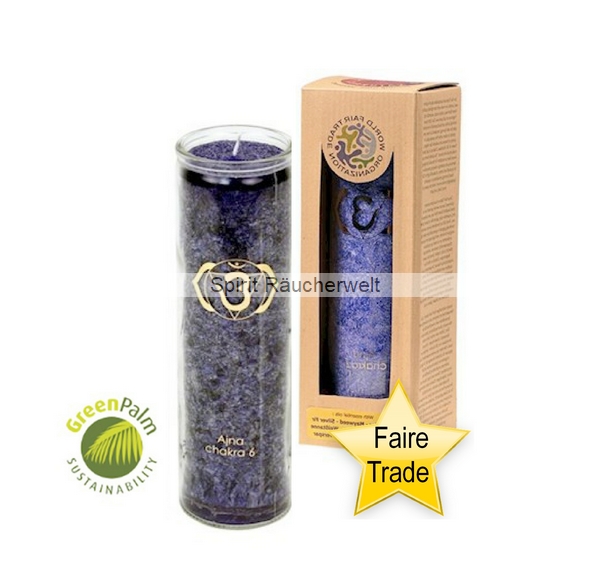 6. Chakra Kerze indigo im Glas mit naturreinen äth. Ölen - faire Trade und GreePalm zertifiziert